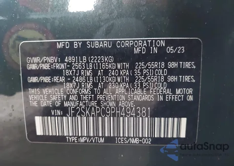 2023 Subaru Forester Limited from USA, damaged, VIN JF2SKAPC9PH494381